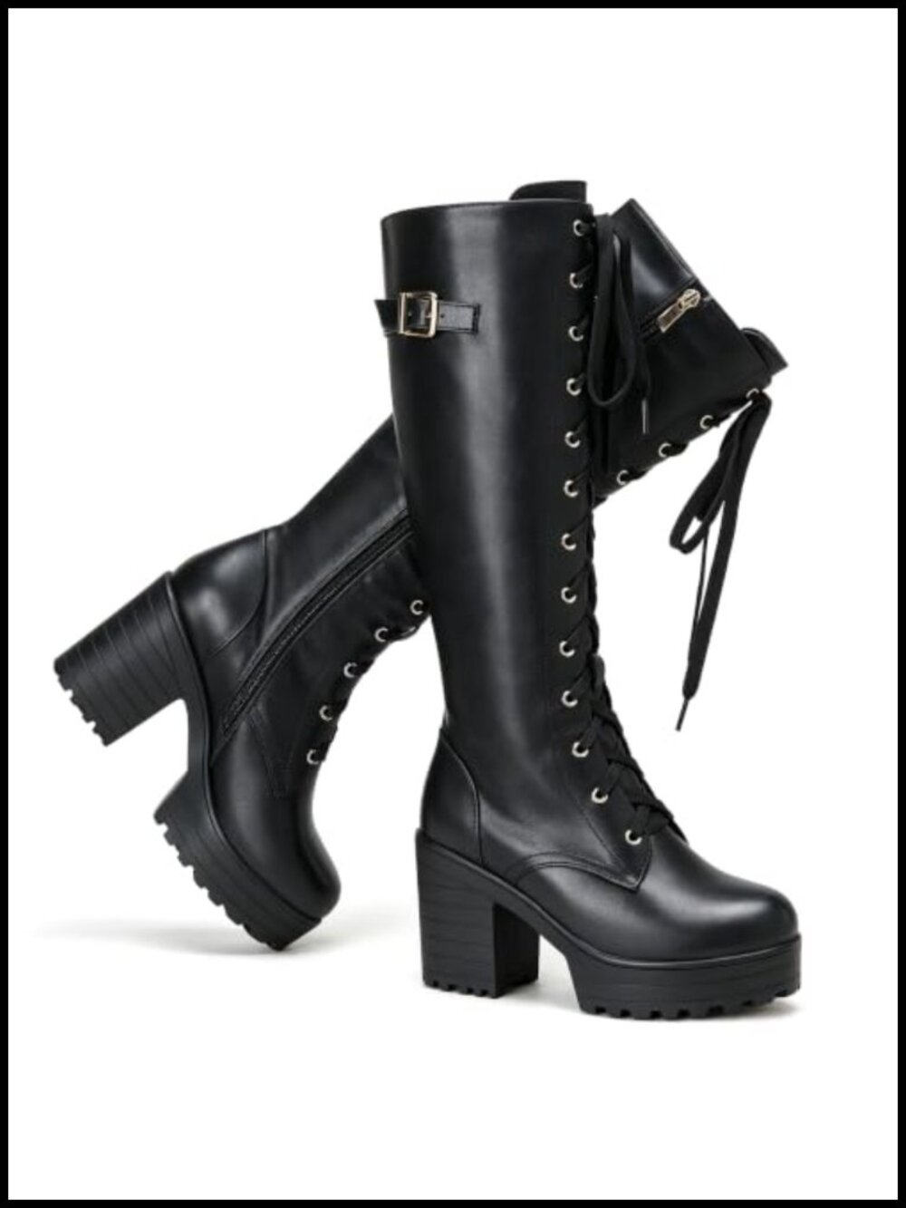 Women's Platform Knee High Lace Up Boots Block Heel Vegan PU Leather